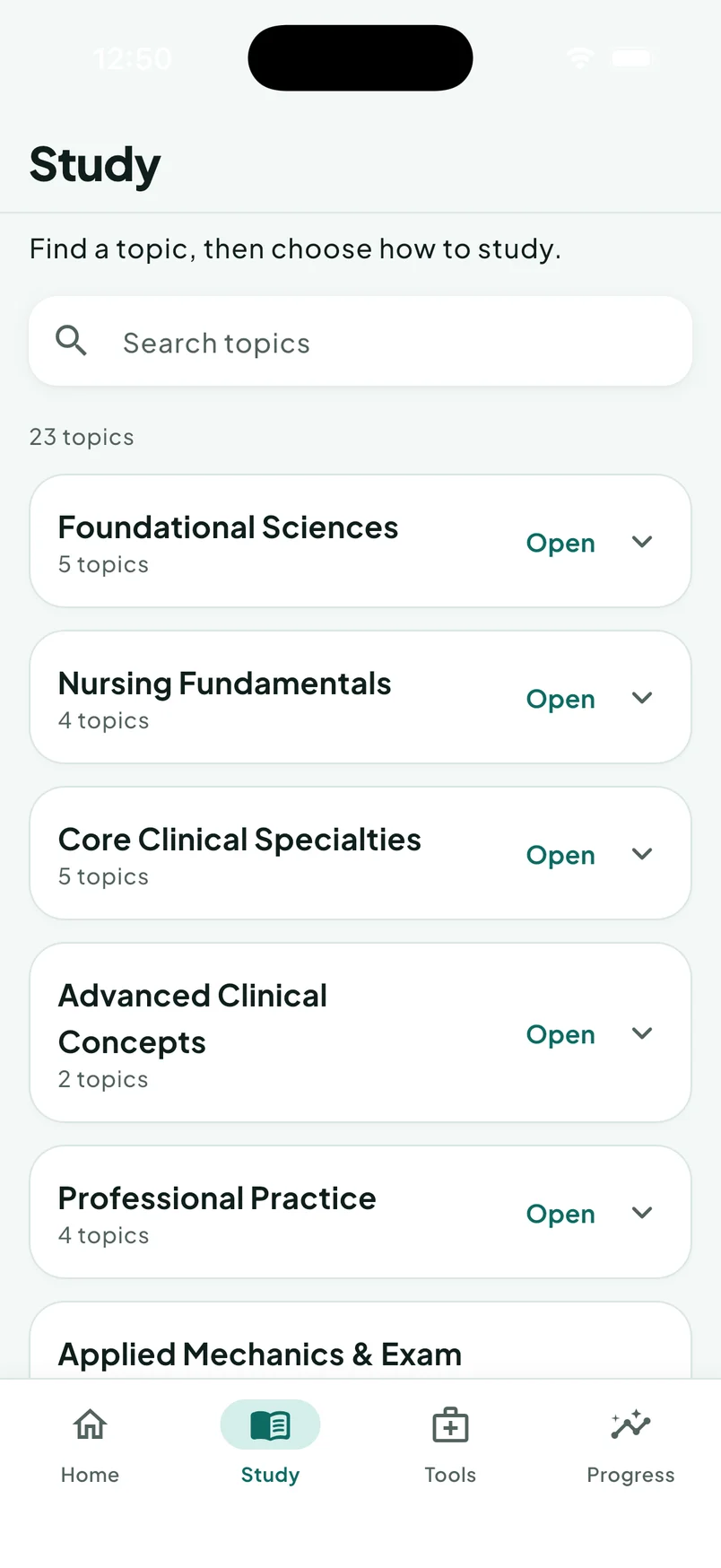 OmniRN iPhone app: Curriculum modules in the Study screen.